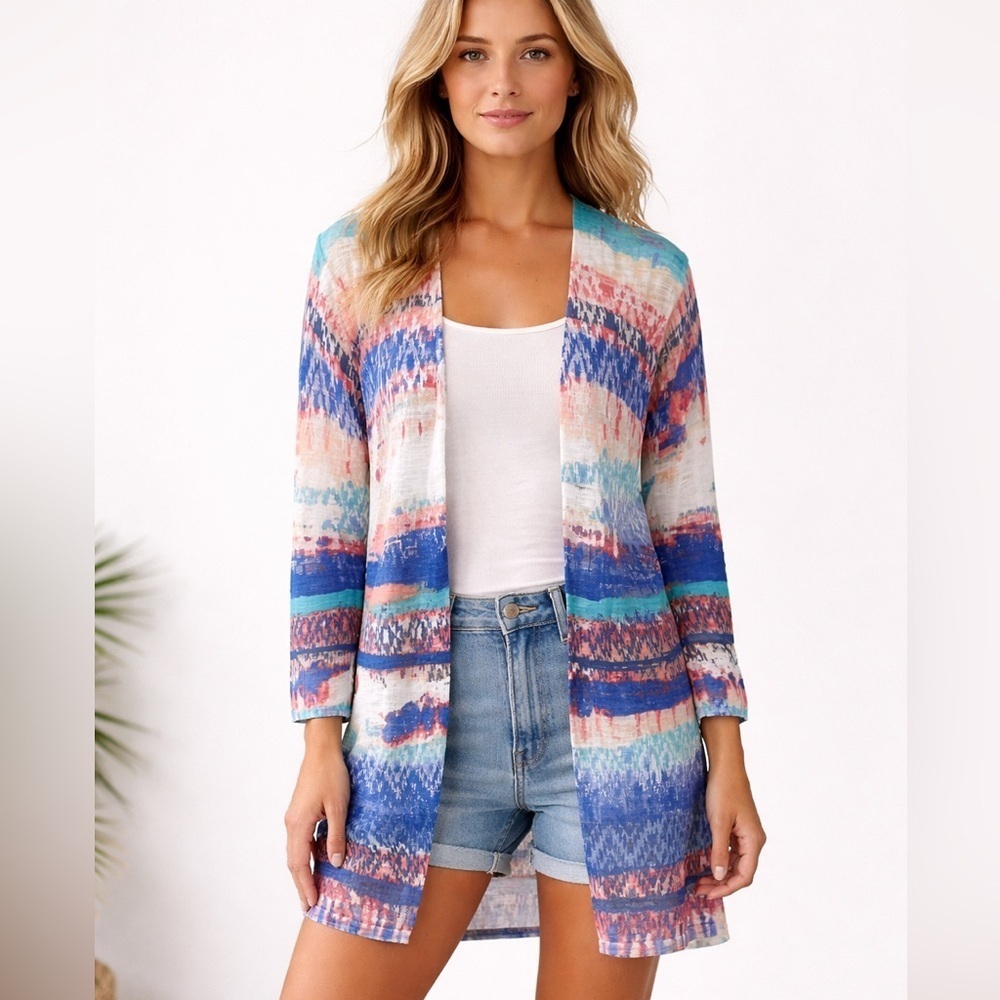 Ruby Rd Aztec Linen Blend Open Front Cardigan Sweater Womens MP Boho Hippie